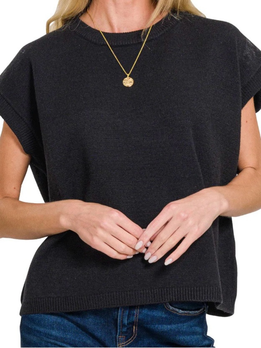 Zenana Outfitters Black Knit Short-Sleeve Sweater Top